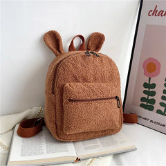Rabbit Backpack Fluffy Plush School Bag With Bunny Ears Zipper-Open