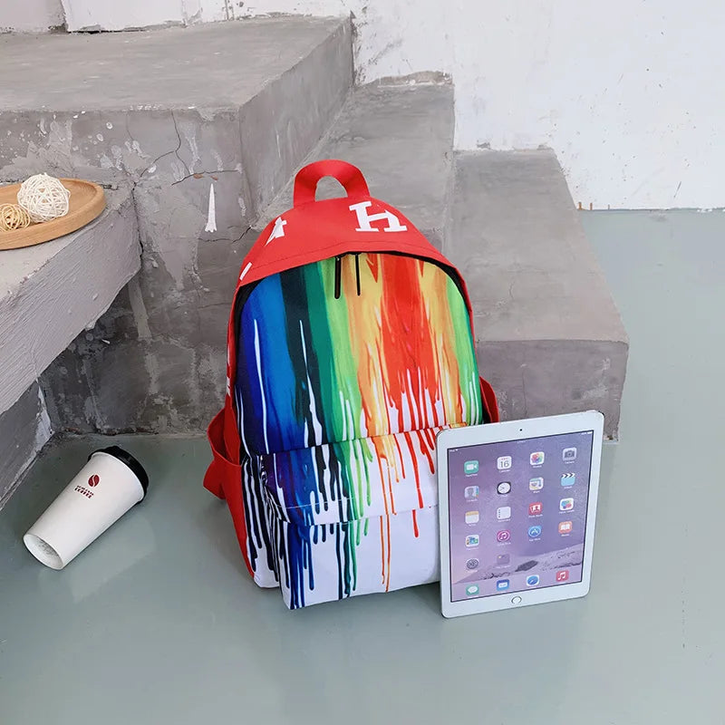 Rainbow Graffiti Water Cup Canvas Backpack Hip-hop Travel Rucksack