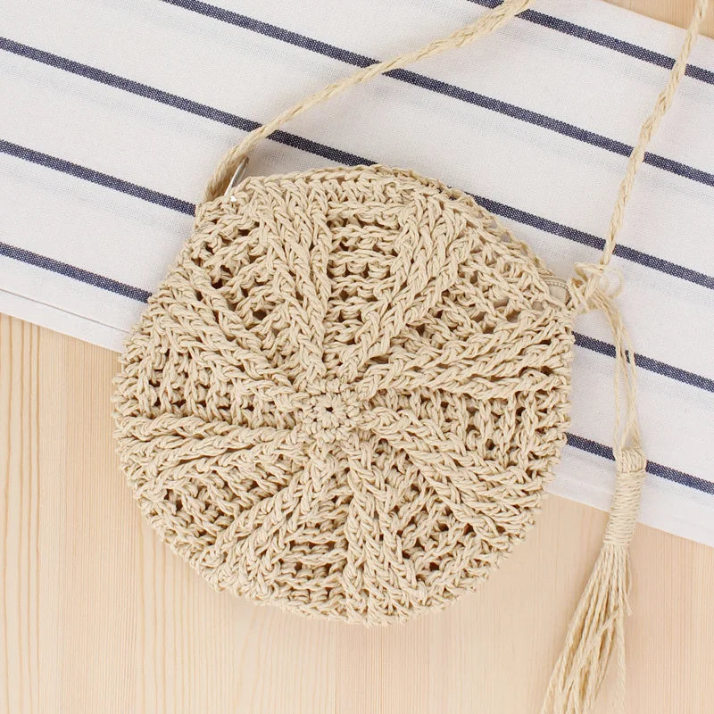 Rattan Woven Round Straw Beach Bag Tassel Khaki Beige