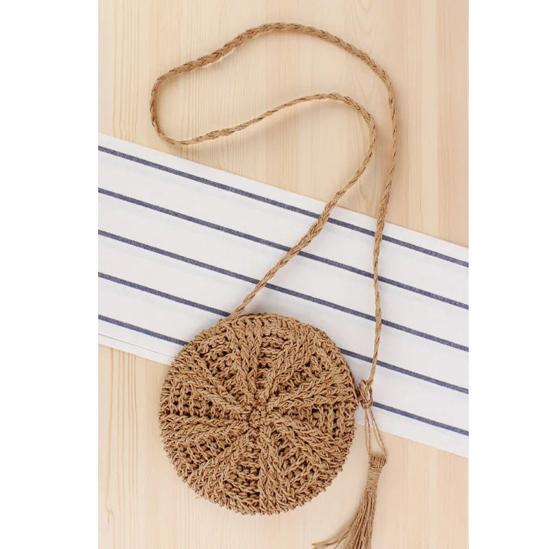 Rattan Woven Round Straw Beach Bag Tassel Khaki Beige