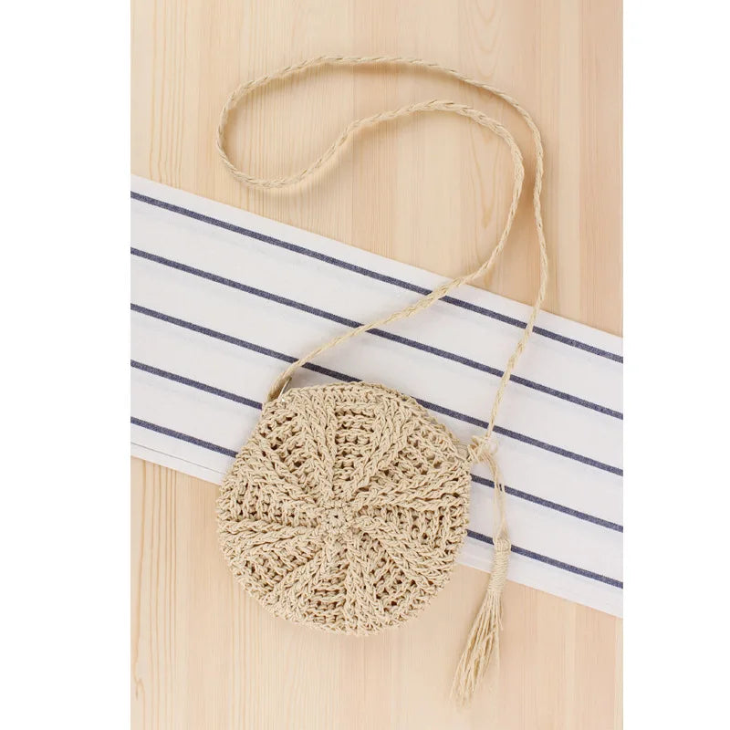 Rattan Woven Round Straw Beach Bag Tassel Khaki Beige