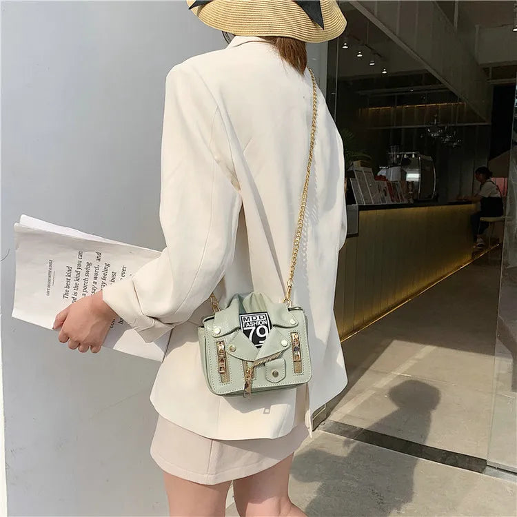 Punk Shoulder Bag Motobike Mini Crossbody Bag Women PU Leather Chain Messenger B
