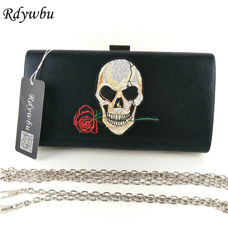 Skull & Rose Embroidered Chain Handbag Metal Clutch Party Bag