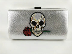 Skull & Rose Embroidered Chain Handbag Metal Clutch Party Bag