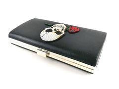 Skull & Rose Embroidered Chain Handbag Metal Clutch Party Bag