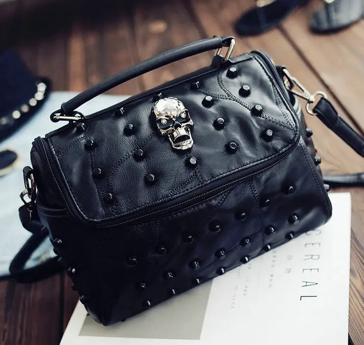 Real Split Leather Messenger Bag Rivet Skull Tote Handbag
