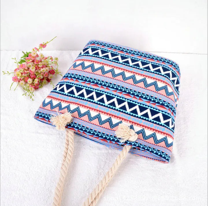 Women Ethnic Striped Bohemian Canvas Tote Bag B64045