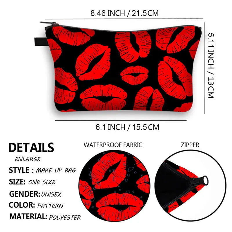 Red Lip 3D Printing Makeup Bags Multicolor Pattern Girls Cosmetics Pouchs