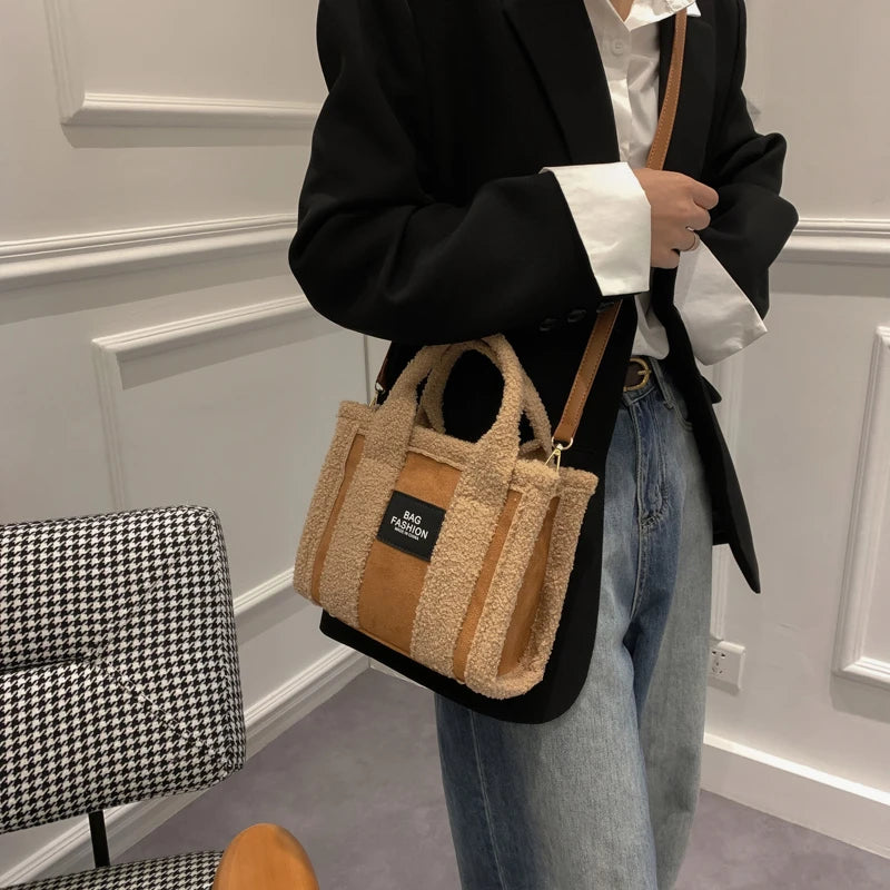 Brown Lamb Wool Handbag Women's Faux Suede Lady Crossbody Bag
