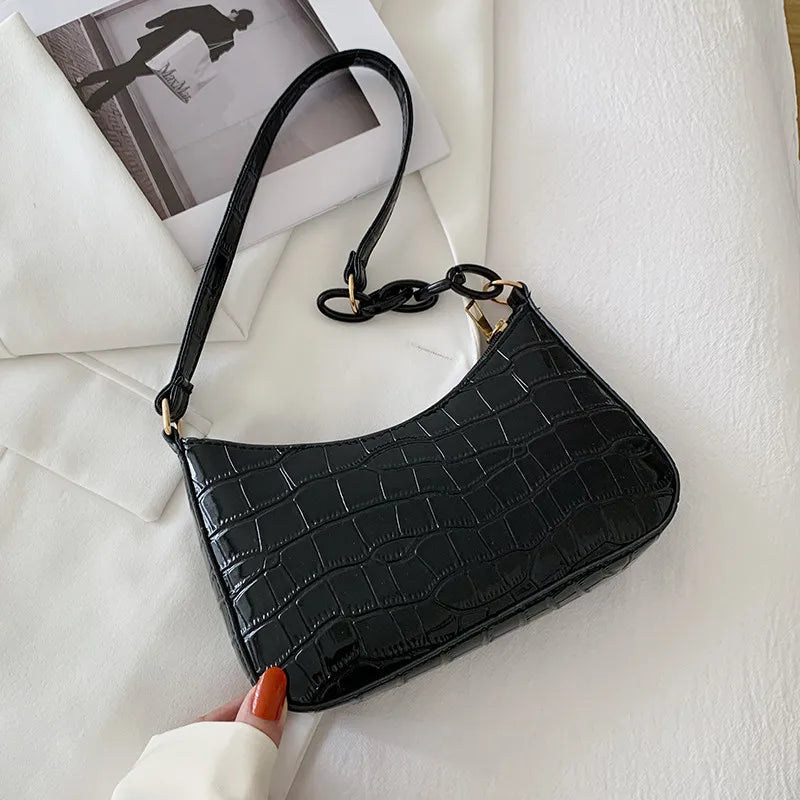 Retro Crocodile Pattern Shoulder Bag for Women PU Leather French Underarm Bags