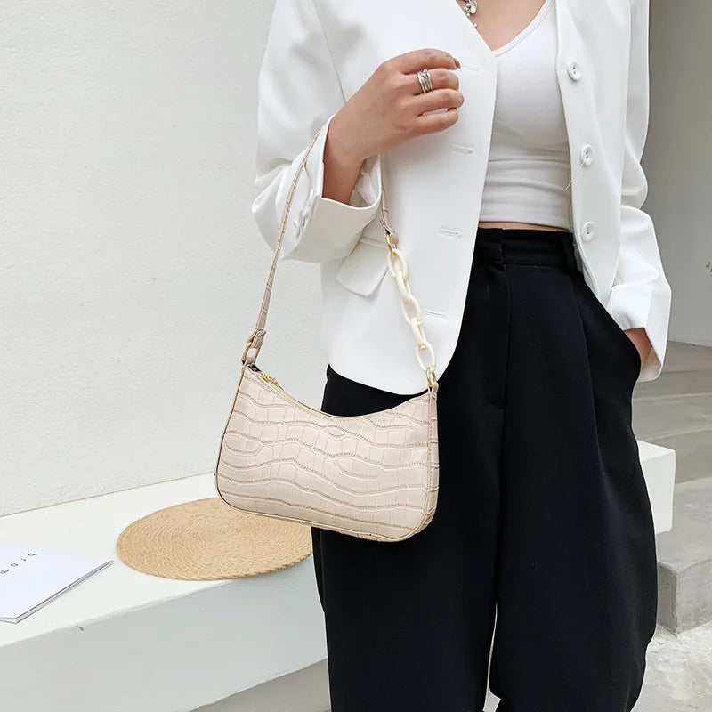 Retro Crocodile Pattern Shoulder Bag for Women PU Leather French Underarm Bags
