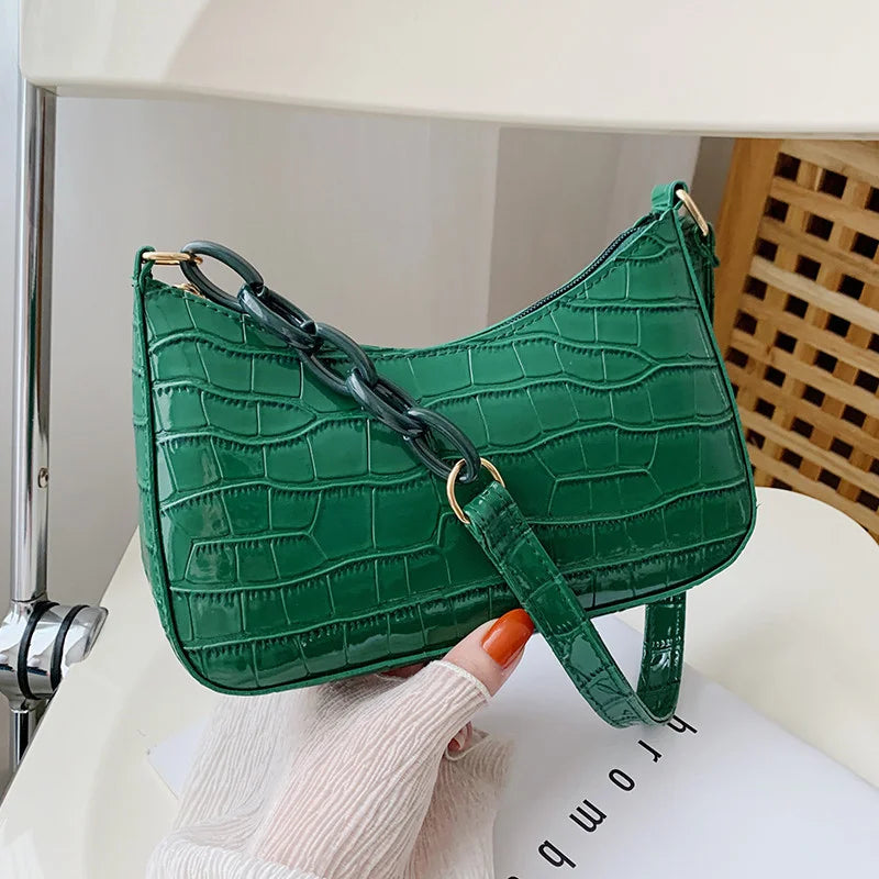 Retro Crocodile Pattern Shoulder Bag for Women PU Leather French Underarm Bags