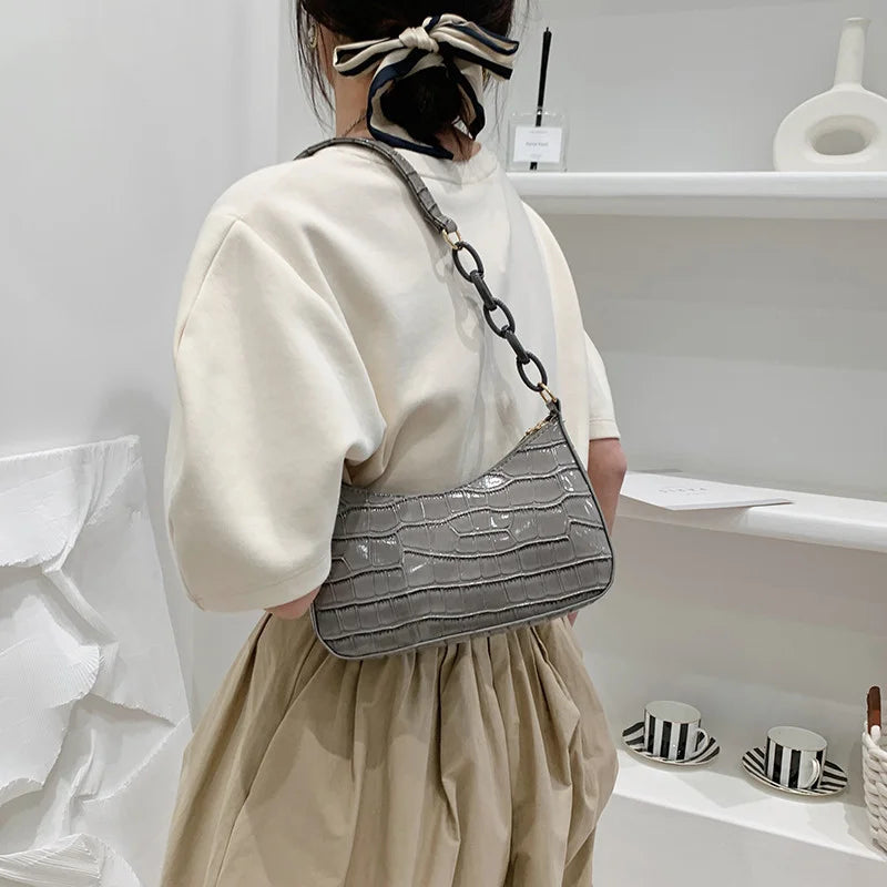 Retro Crocodile Pattern Shoulder Bag for Women PU Leather French Underarm Bags