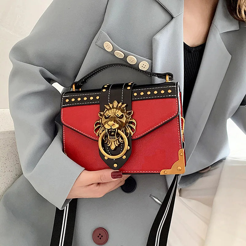 Retro Mini Square Tote Handbag Metal Lion Head Shoulder Purse Crossbody Bag