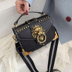 Retro Mini Square Tote Handbag Metal Lion Head Shoulder Purse Crossbody Bag