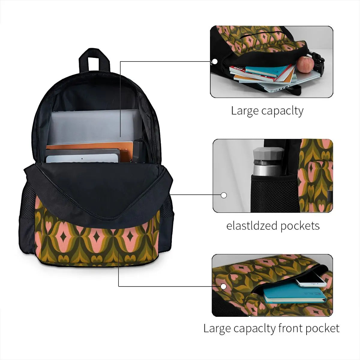 Retro Kisses Olive Pink Backpacks Men's Backpacks Bags For Women
