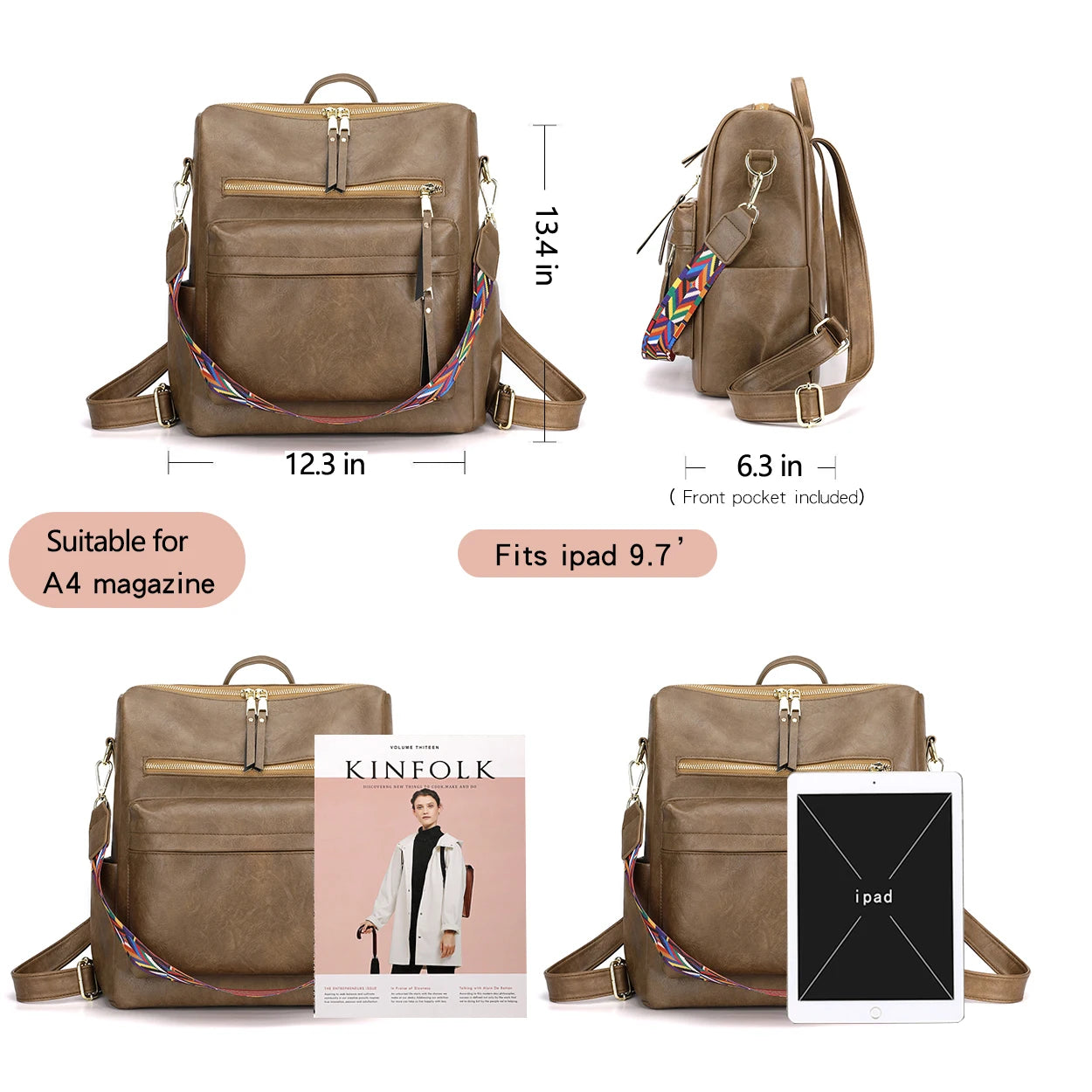 Retro Large Capacity Backpack Women PU Leather Rucksack Shoulder School Bags
