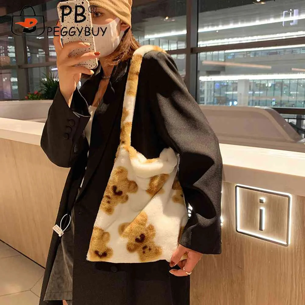 Leopard Print Shoulder Bag Soft Plush Winter Tote