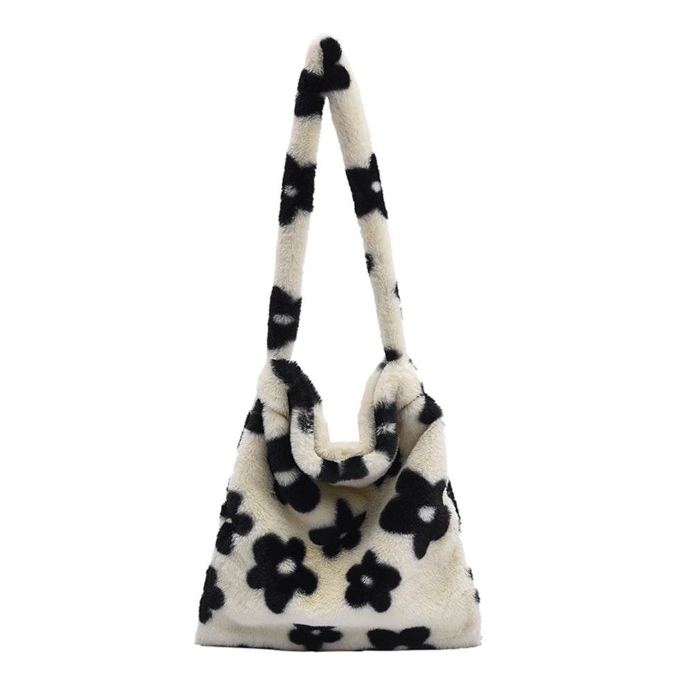 Leopard Print Shoulder Bag Soft Plush Winter Tote