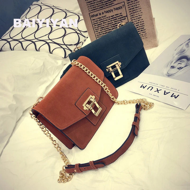 Vintage Metal Chains Hasp Nubuck Leather Shoulder Bag