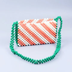 Retro Orange Green Twill Acrylic Beading Bag Hand Woven Women's Shoulder
