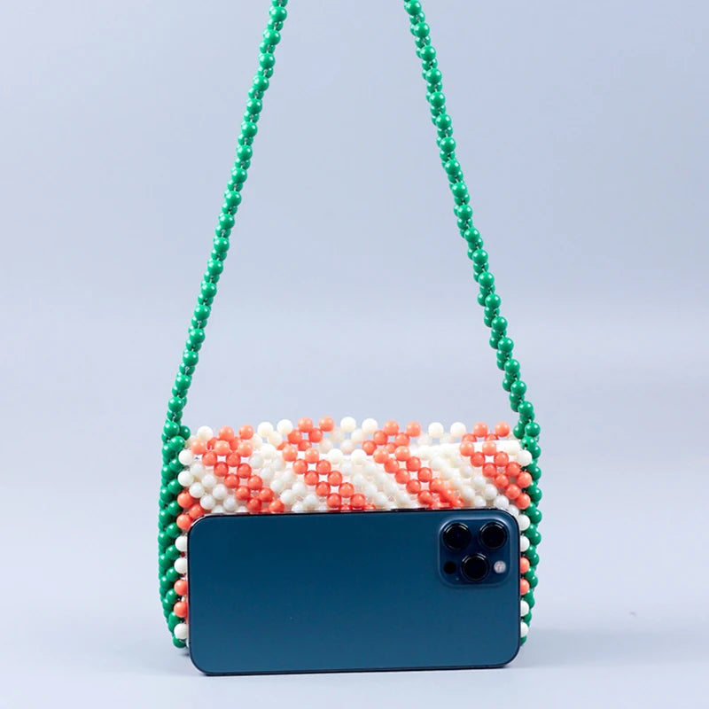 Retro Orange Green Twill Acrylic Beading Bag Hand Woven Women's Shoulder
