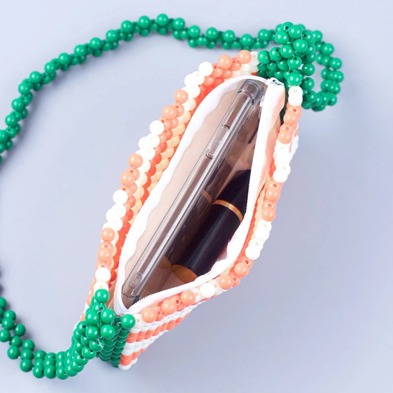 Retro Orange Green Twill Acrylic Beading Bag Hand Woven Women's Shoulder