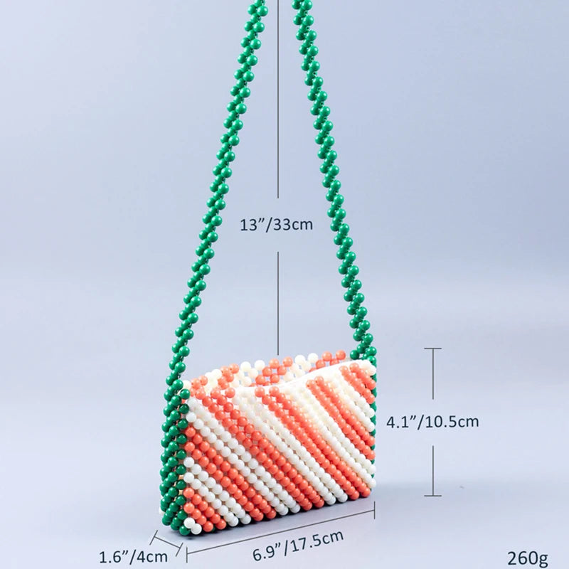Retro Orange Green Twill Acrylic Beading Bag Hand Woven Women's Shoulder