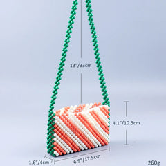 Retro Orange Green Twill Acrylic Beading Bag Hand Woven Women's Shoulder