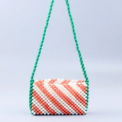 Retro Orange Green Twill Acrylic Beading Bag Hand Woven Women's Shoulder