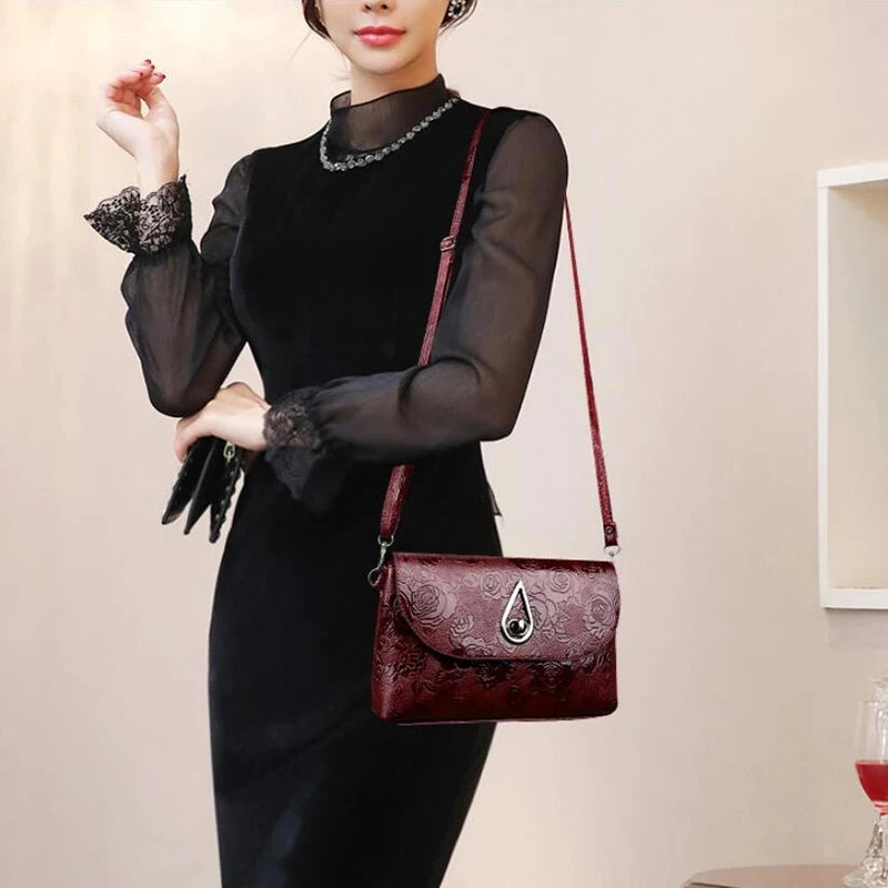 Retro Rose Flower Embossed Sling Bag Mother Single Shoulder Purse