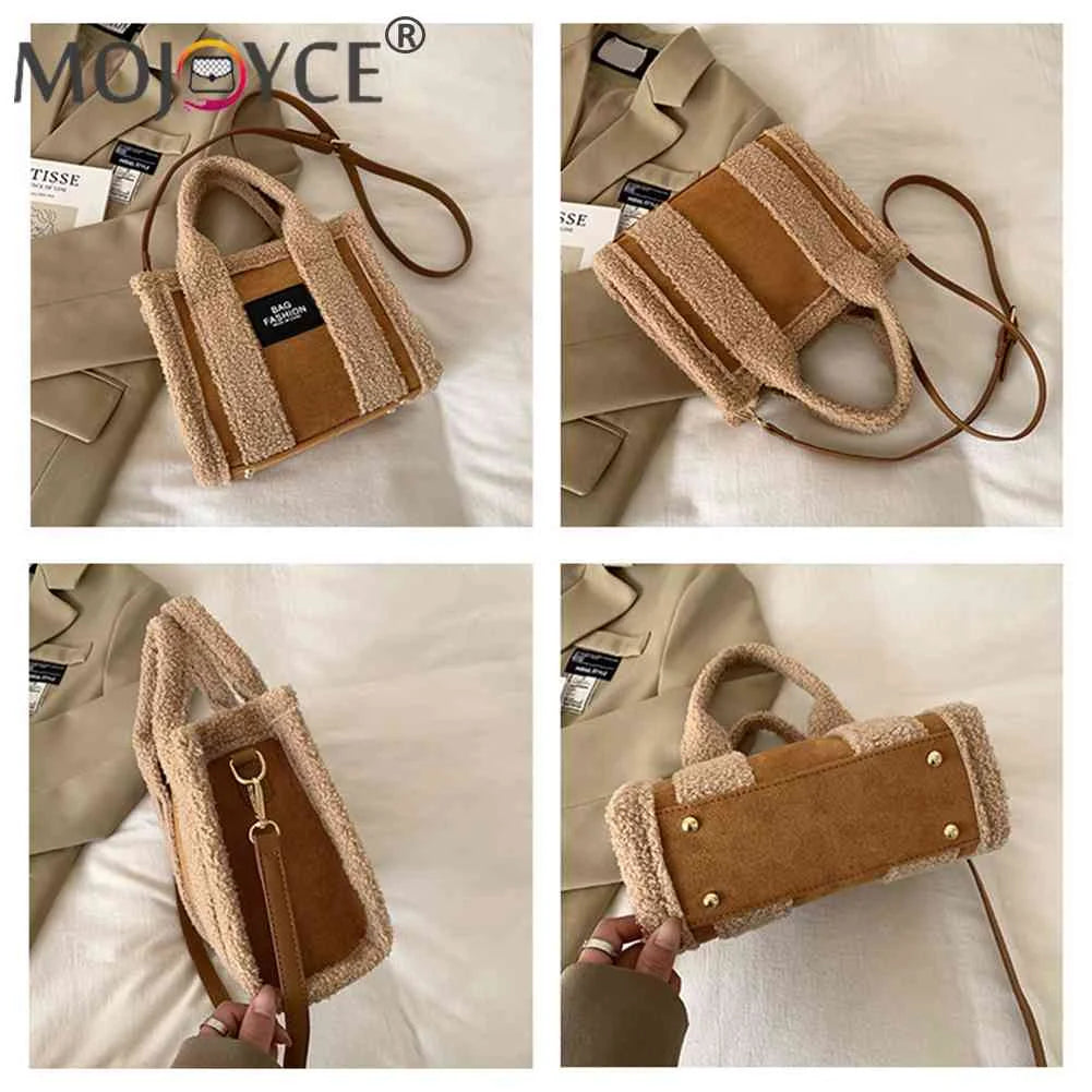 Retro Shoulder Bag Women Fleece Suede Splice Crossbody Handbag Winter Satchel