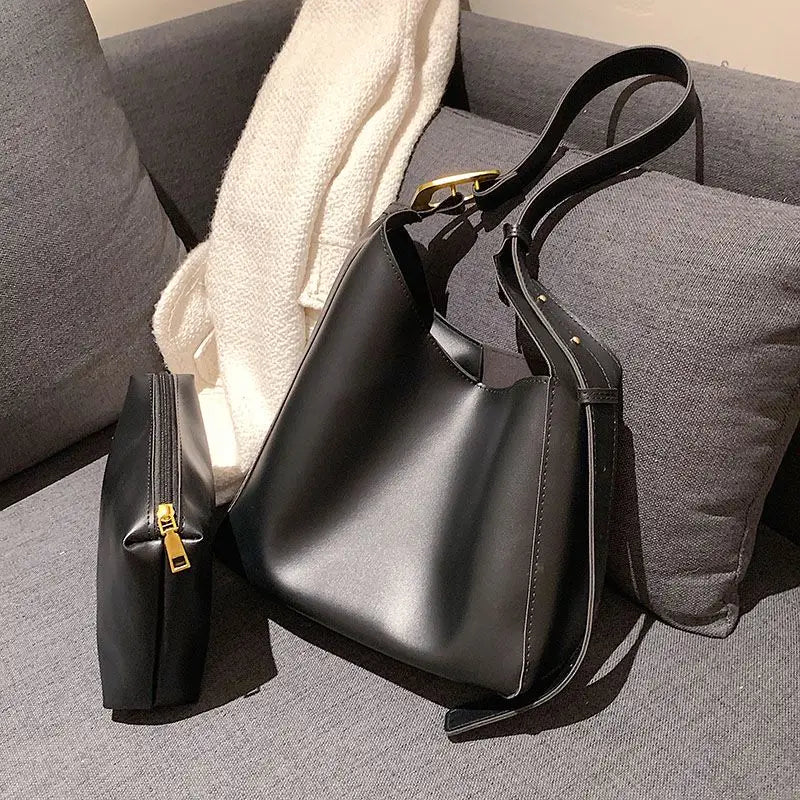 Retro Solid Soft Pu Leather Shouler Bags for Women Bucket Bag