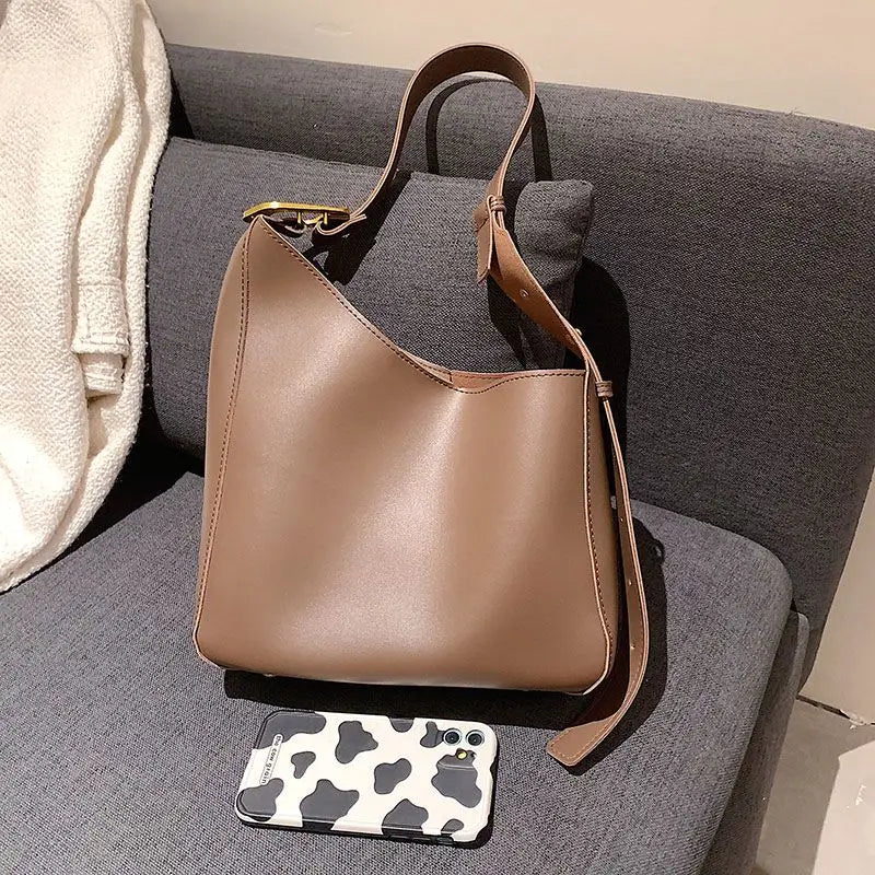 Retro Solid Soft Pu Leather Shouler Bags for Women Bucket Bag