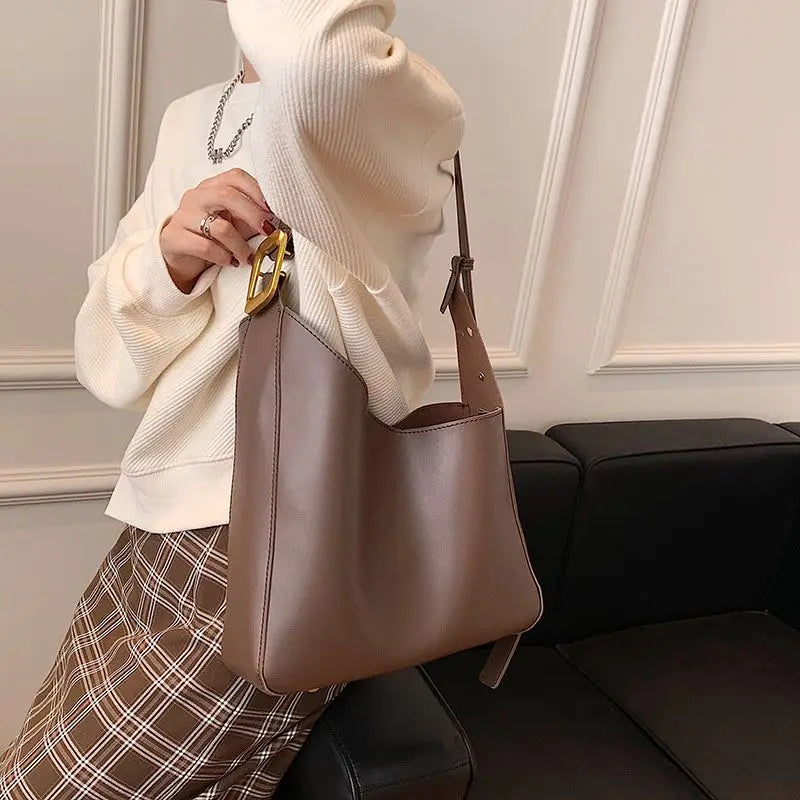 Retro Solid Soft Pu Leather Shouler Bags for Women Bucket Bag