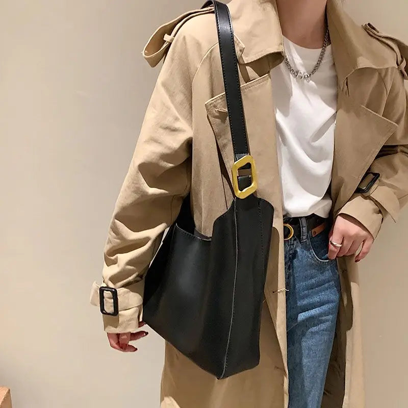 Retro Solid Soft Pu Leather Shouler Bags for Women Bucket Bag