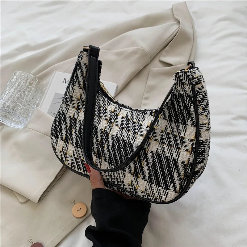 Plaid Canvas Underarm Shoulder Bag Women Retro Handbag