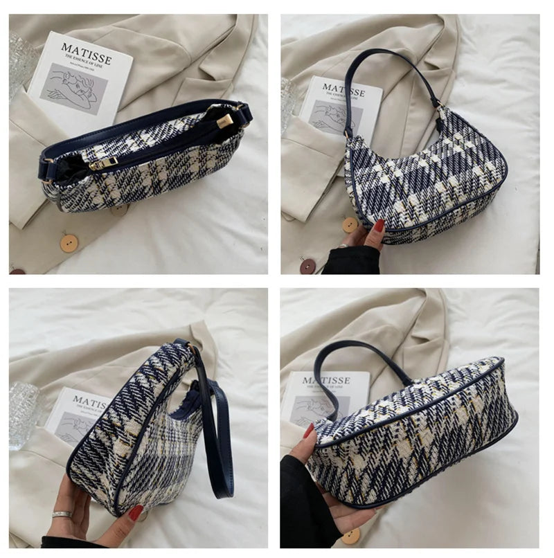 Plaid Canvas Underarm Shoulder Bag Women Retro Handbag