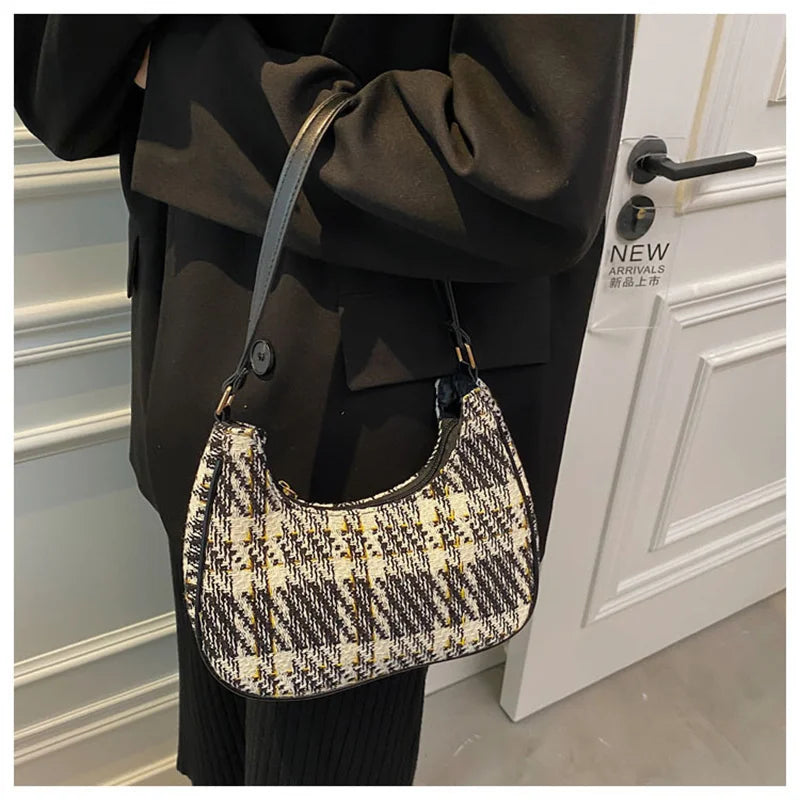 Plaid Canvas Underarm Shoulder Bag Women Retro Handbag