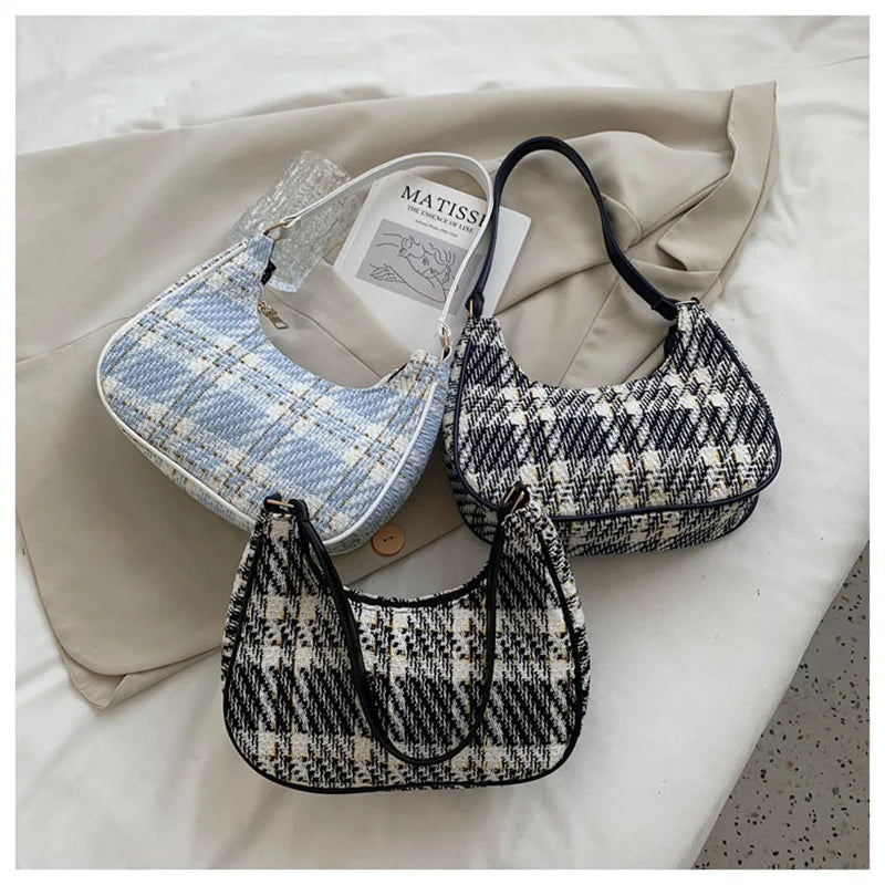 Plaid Canvas Underarm Shoulder Bag Women Retro Handbag