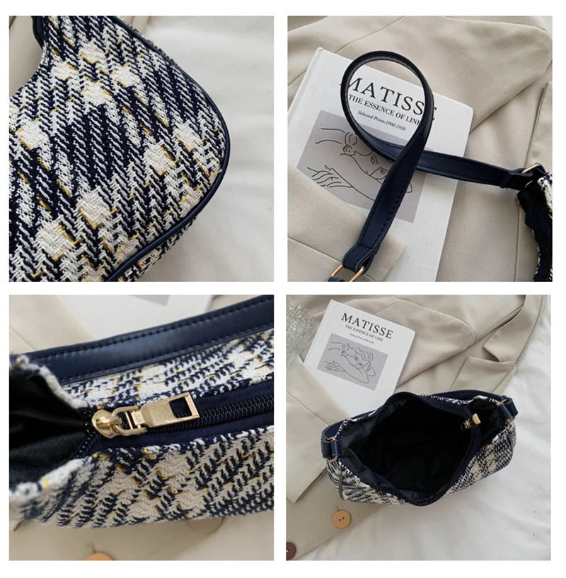 Plaid Canvas Underarm Shoulder Bag Women Retro Handbag