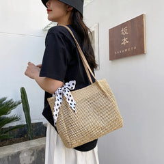 Retro Straw Woven Handbag Silk Ribbon Large Capacity Tote