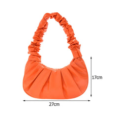 Retro Women Pleated PU Underarm Bag Casual Top-handle Handbag Solid Tote Bag