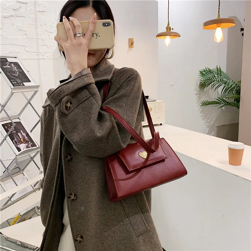 Vintage Small Square Shoulder Bag Red Wine PU Leather Tote Purse Handbag