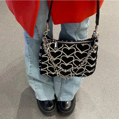 Embroidered Heart Hobo Canvas Shoulder Bag