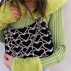 Embroidered Heart Hobo Canvas Shoulder Bag