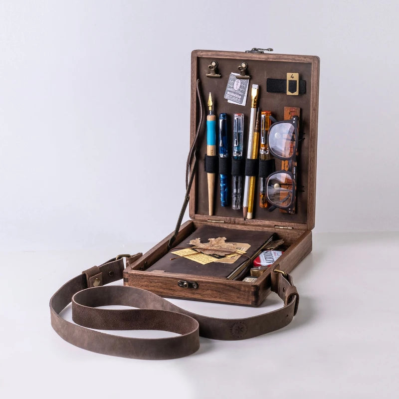 Retro Wooden Portable Crossbody Postman Bag Writers Messenger Wood Box
