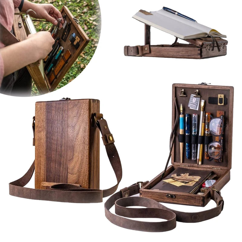 Retro Wooden Portable Crossbody Postman Bag Writers Messenger Wood Box