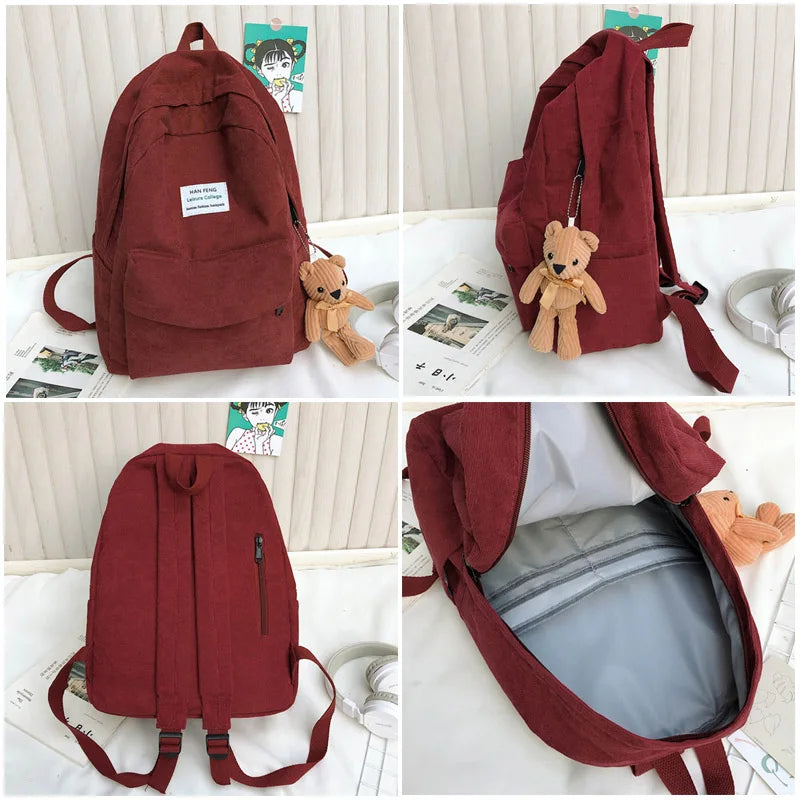 Retro Women Backpack Corduroy Female Rucksack Large Bags