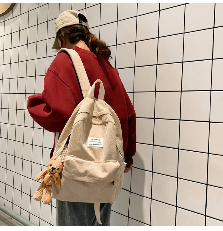 Retro Women Backpack Corduroy Female Rucksack Large Bags